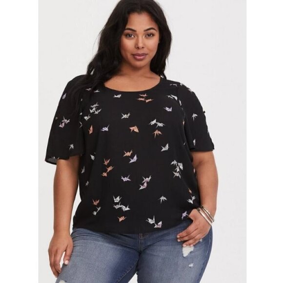 Torrid Black Crane Georgette Bow Back Blouse - K11 - Picture 2 of 5